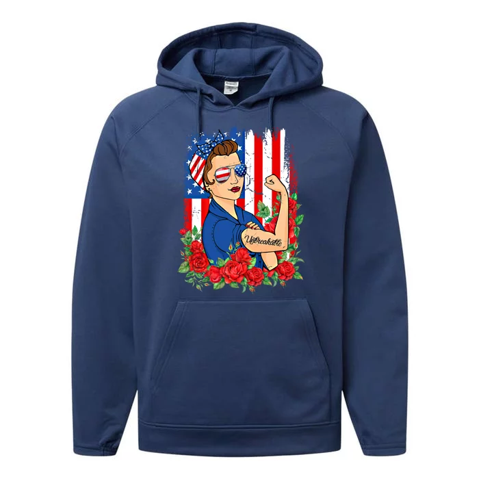 United States Unbreakable Roses Usa Flag 4th Of July Cute Gift Performance Fleece Hoodie