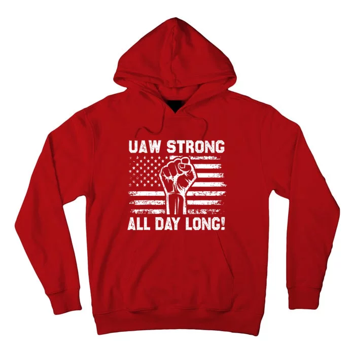 UAW Strike USA Flag Red Tee_ United Auto Workers Picket Sign Tall Hoodie