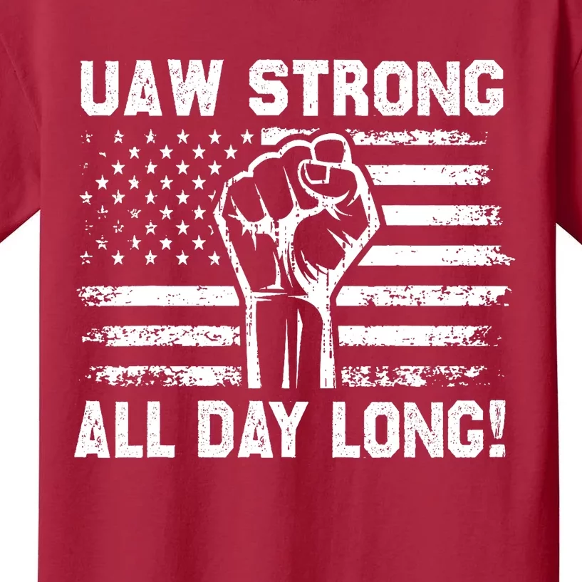 UAW Strike USA Flag Red Tee_ United Auto Workers Picket Sign Kids T-Shirt