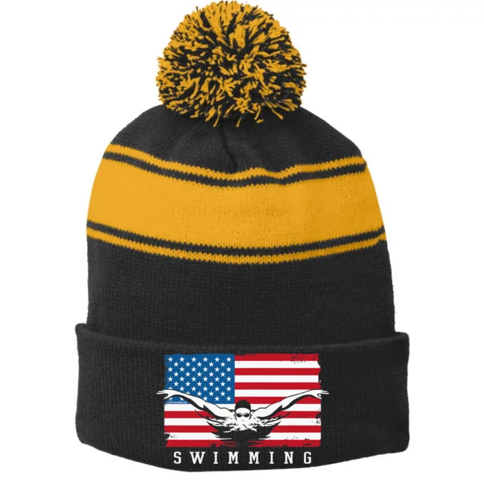 USA Swimming US Flag With Swimmer Swim Team Stripe Pom Pom Beanie