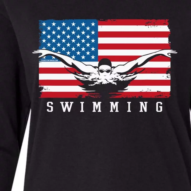 USA Swimming US Flag With Swimmer Swim Team Womens Cotton Relaxed Long Sleeve T-Shirt