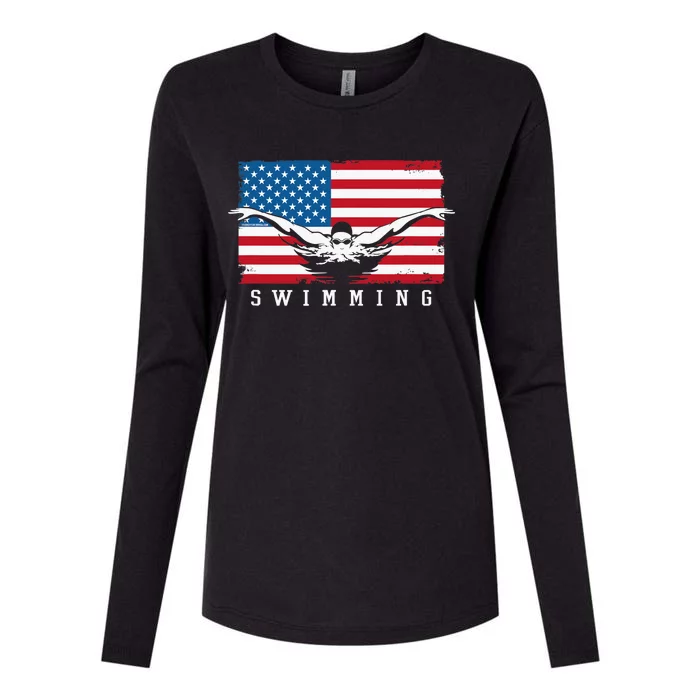 USA Swimming US Flag With Swimmer Swim Team Womens Cotton Relaxed Long Sleeve T-Shirt