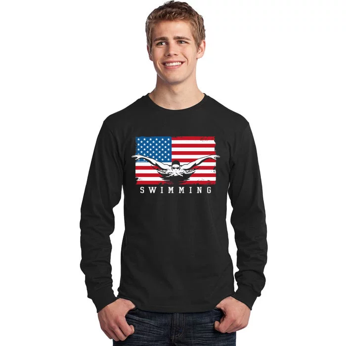 USA Swimming US Flag With Swimmer Swim Team Tall Long Sleeve T-Shirt