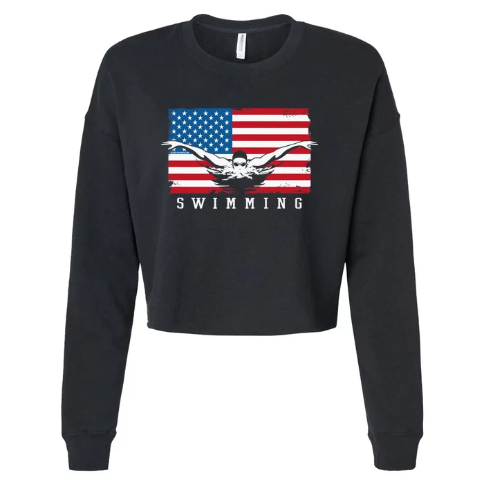 USA Swimming US Flag With Swimmer Swim Team Cropped Pullover Crew