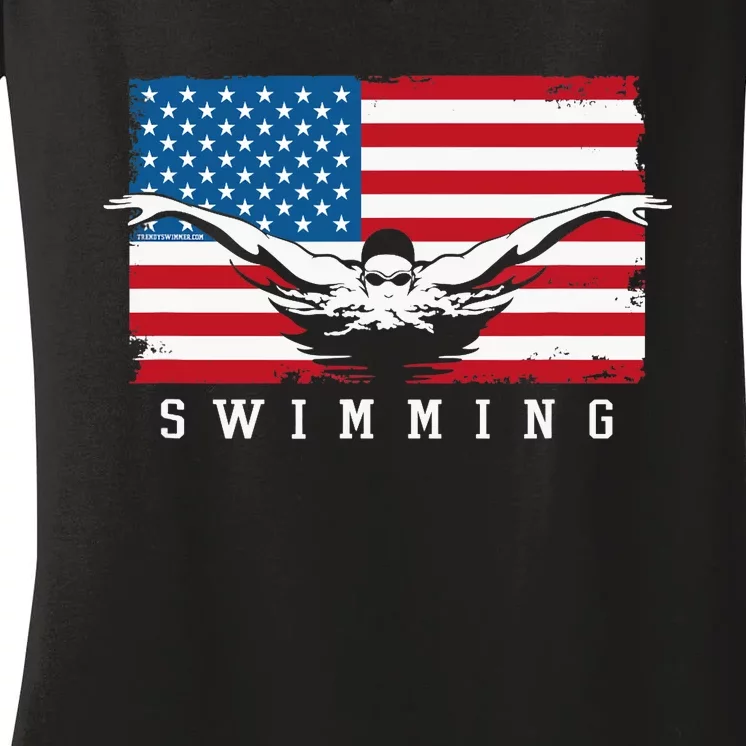 USA Swimming US Flag With Swimmer Swim Team Women's V-Neck T-Shirt