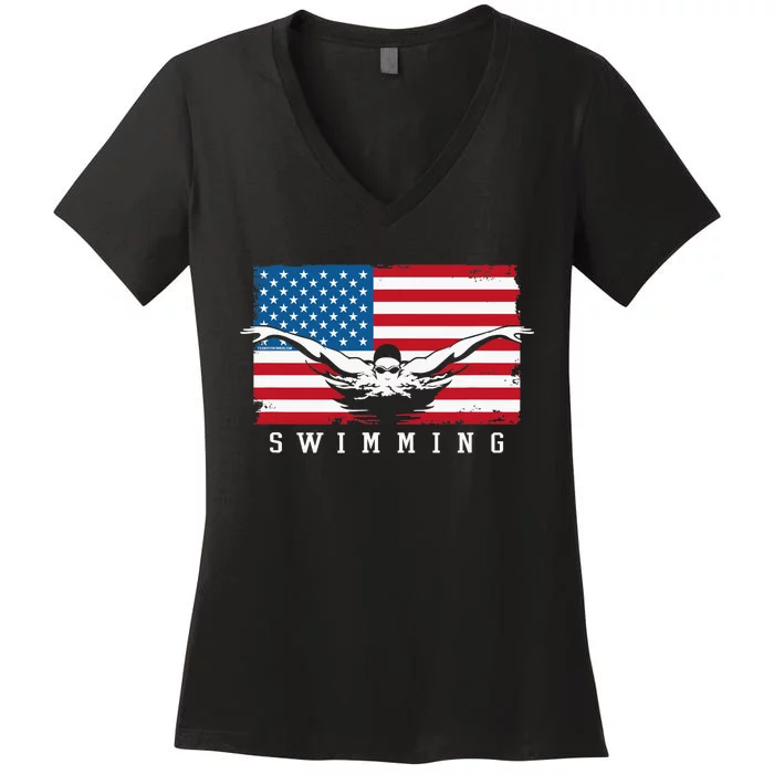 USA Swimming US Flag With Swimmer Swim Team Women's V-Neck T-Shirt