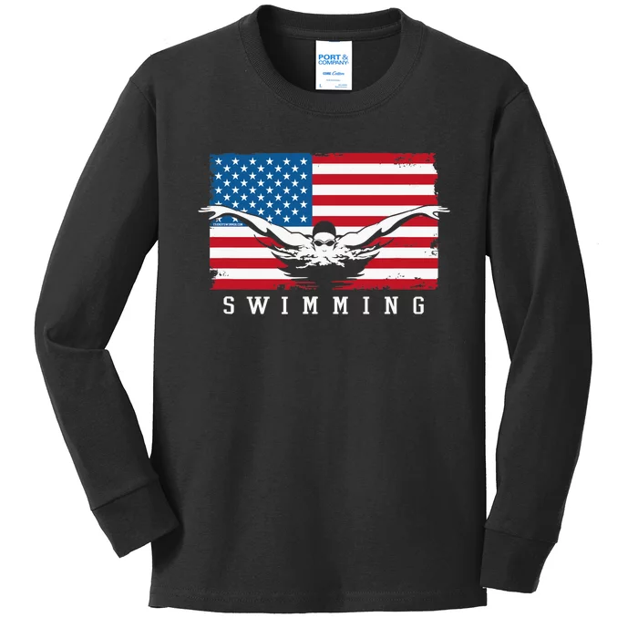 USA Swimming US Flag With Swimmer Swim Team Kids Long Sleeve Shirt