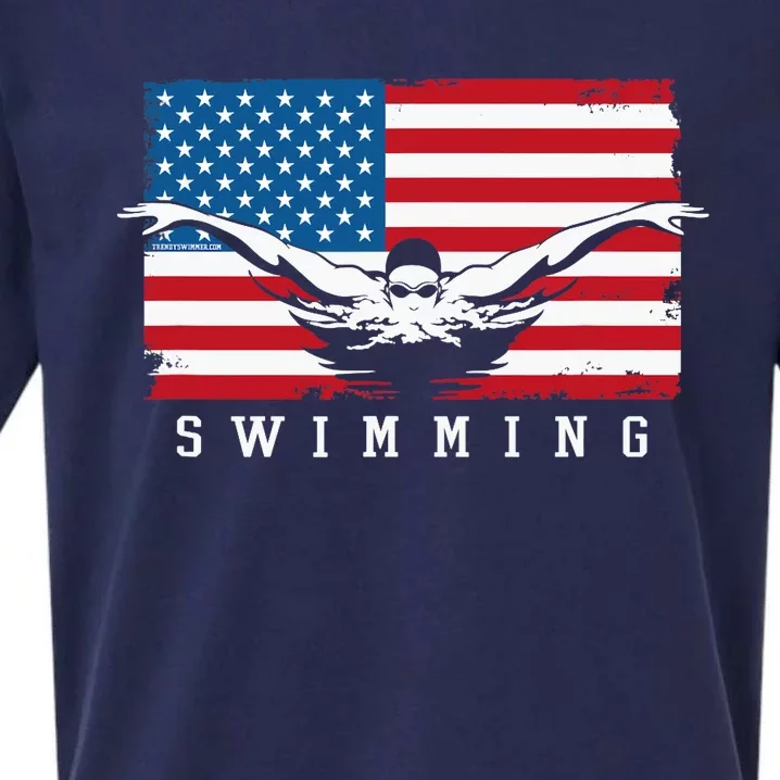 USA Swimming US Flag With Swimmer Swim Team Sueded Cloud Jersey T-Shirt