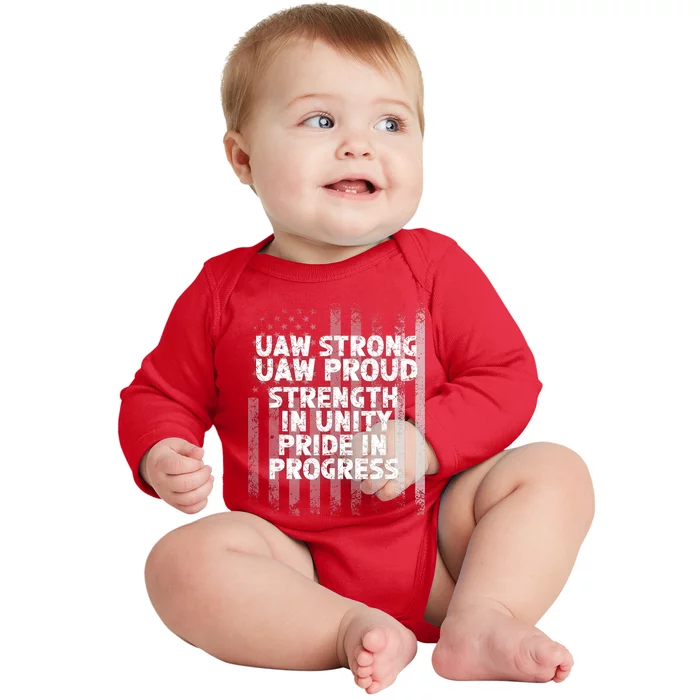 UAW Strong UAW Proud Union Pride UAW Laborer Worker Flag Design Baby Long Sleeve Bodysuit