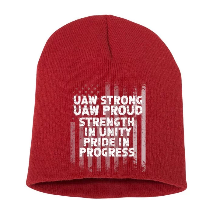 UAW Strong UAW Proud Union Pride UAW Laborer Worker Flag Design Short Acrylic Beanie