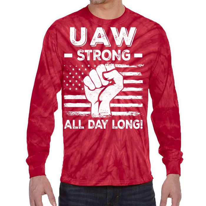 UAW Strike USA Flag Red United Auto Workers Picket Sign Tie-Dye Long Sleeve Shirt