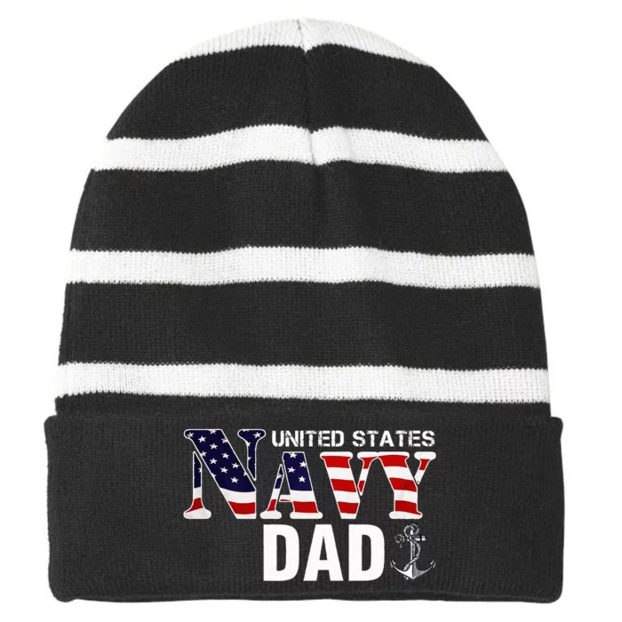 United States Vintage Navy With American Flag For Dad Gift Striped Beanie with Solid Band