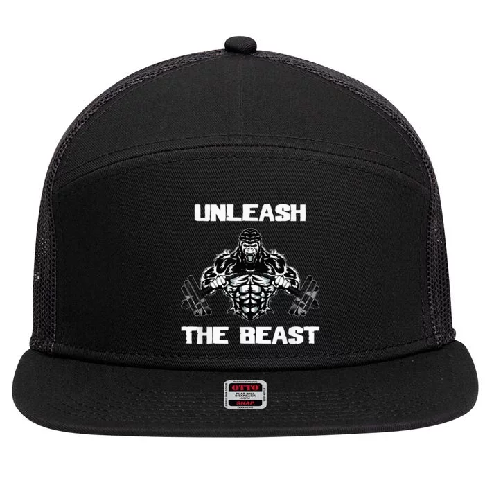 Unleash The Beast Gorilla Body Building Motivation Gift 7 Panel Mesh Trucker Snapback Hat