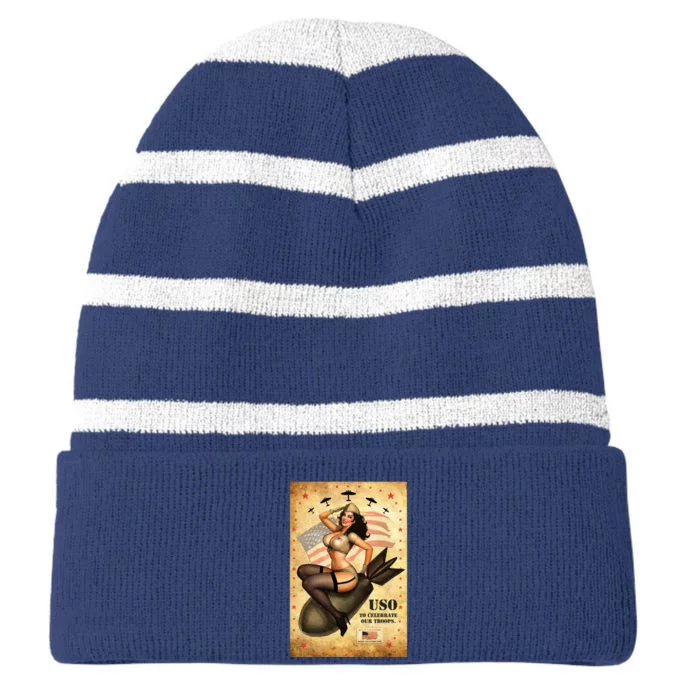 USO To Celebrate Our Troops Bombshell Striped Beanie with Solid Band