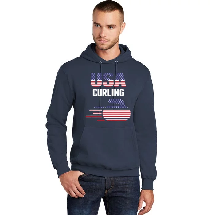 USA Team Curling Rock Jersey Vintage Winter Sports Lovers Tall Hoodie