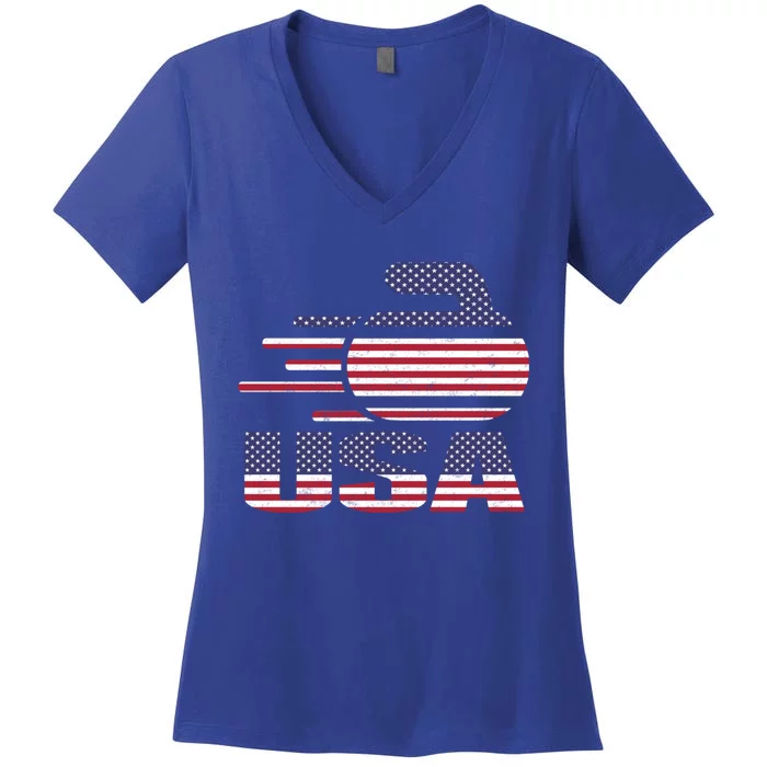 Usa Team Curling Rock Jersey American Flag Winter Sport Gift Cute Gift Women's V-Neck T-Shirt