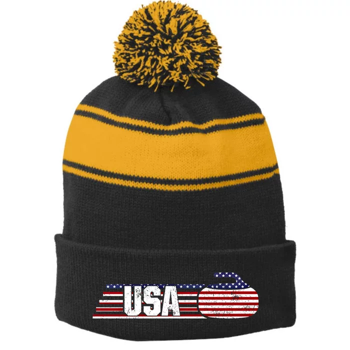 Usa Team Curling Sport Gift Stripe Pom Pom Beanie