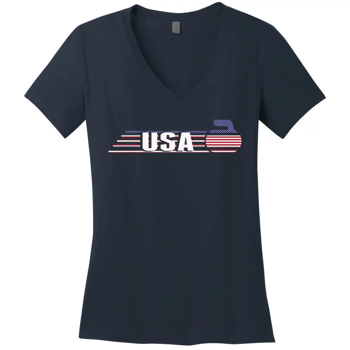 USA Team Curling Rock Jersey Vintage Winter Sports Lovers Women's V-Neck T-Shirt