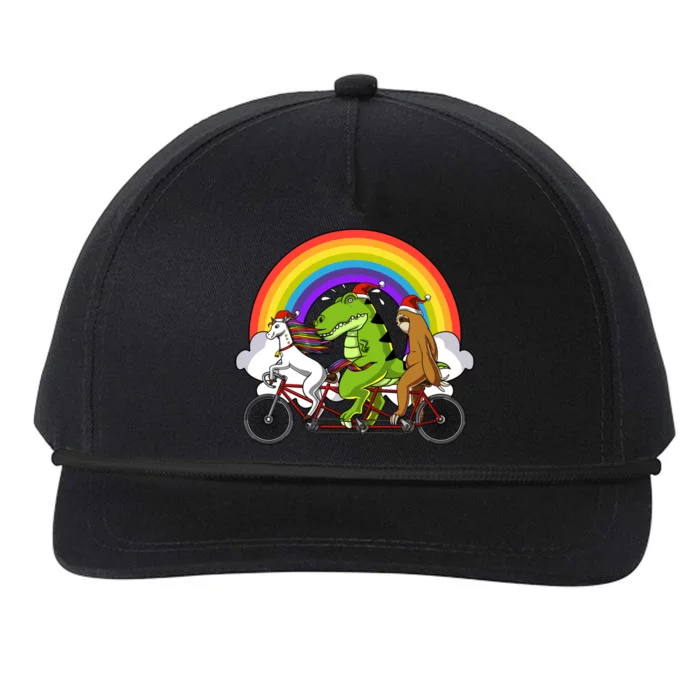 Unicorn Trex Dinosaur Sloth Santa Riding Bicycle Christmas Gift Snapback Five-Panel Rope Hat