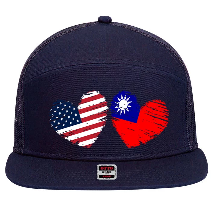 Usa Taiwan Flag Heart Valentines Day Taiwanese American Cute Gift 7 Panel Mesh Trucker Snapback Hat