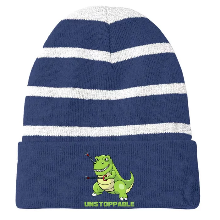 Unstoppable Tyrannosaur Funny T Rex Dino Lovers Humor Outfit Striped Beanie with Solid Band