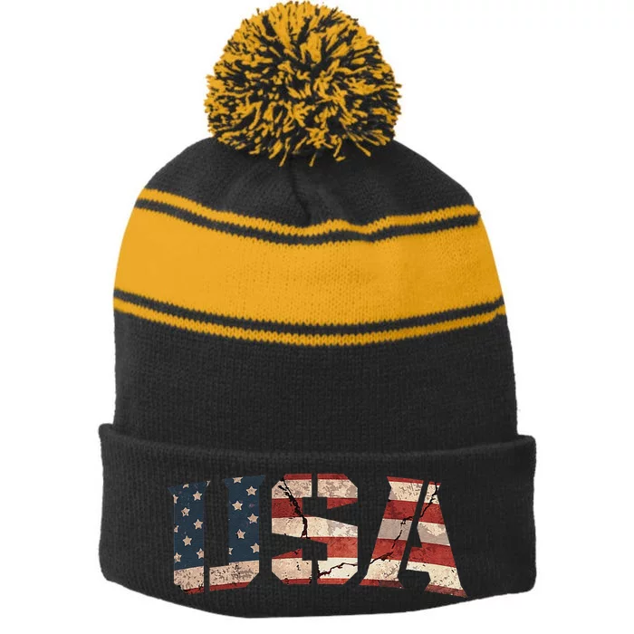 Usa Text Flag American Flag Patriotic 4th Of July Stripe Pom Pom Beanie