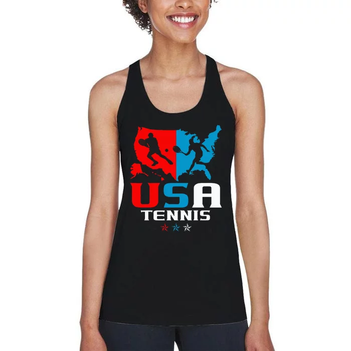 Usa Tennis Independence Day American Flag Racket Sports Women's Racerback Tank