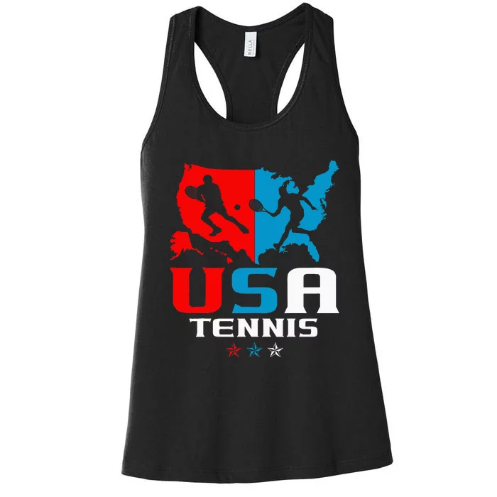 Usa Tennis Independence Day American Flag Racket Sports Women's Racerback Tank