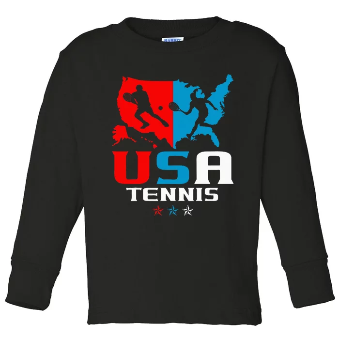 Usa Tennis Independence Day American Flag Racket Sports Toddler Long Sleeve Shirt