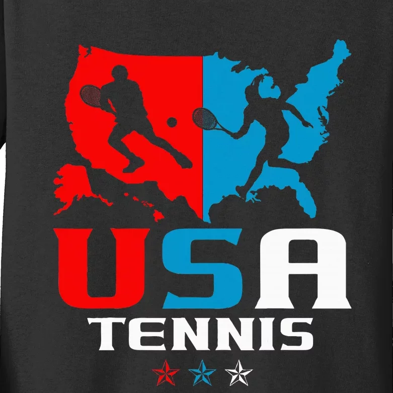 Usa Tennis Independence Day American Flag Racket Sports Kids Long Sleeve Shirt