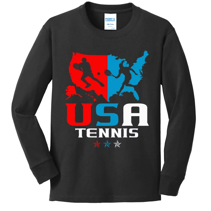 Usa Tennis Independence Day American Flag Racket Sports Kids Long Sleeve Shirt