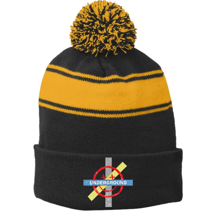 Underground Techno Music Stripe Pom Pom Beanie