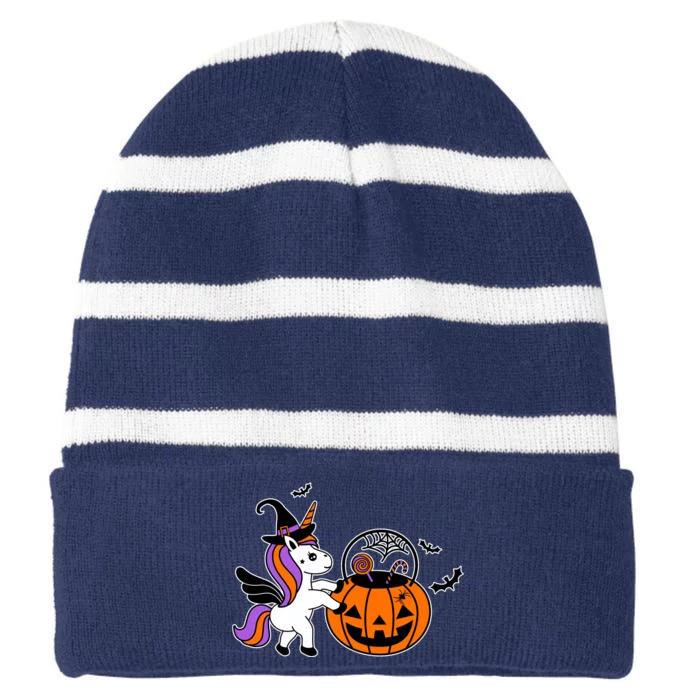 Unicorn Treat Or Trick Halloween Striped Beanie with Solid Band