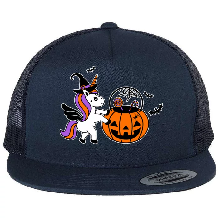 Unicorn Treat Or Trick Halloween Flat Bill Trucker Hat