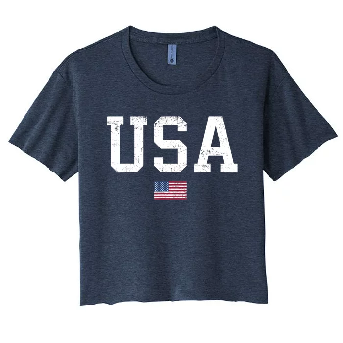 USA T Patriotic American Flag July 4th Women's Crop Top Tee