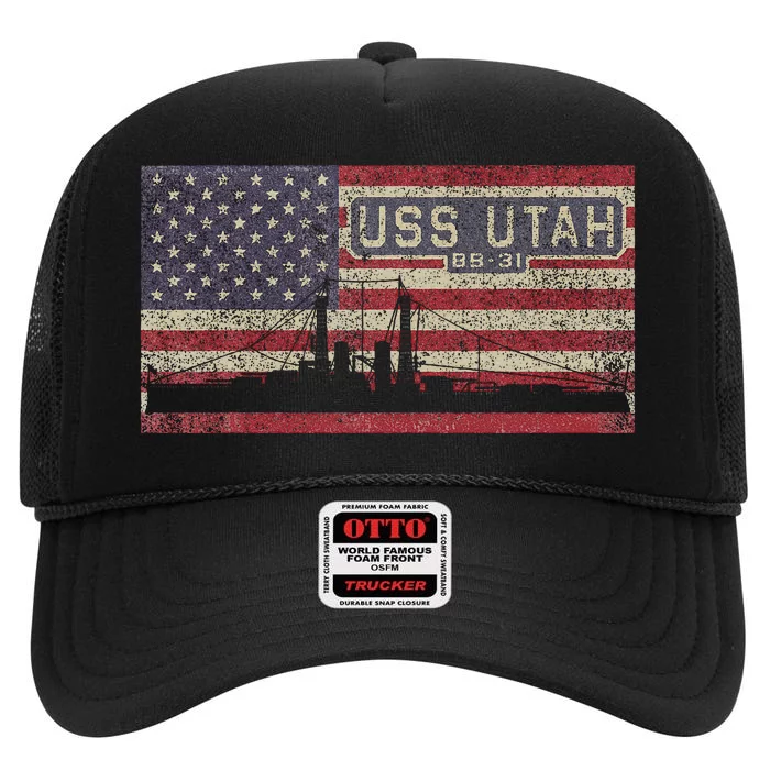 Uss Utah Bb31 Ww1 Battleship Usa American Flag High Crown Mesh Trucker Hat