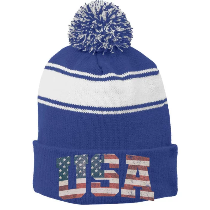 Usa Us Flag Patriotic 4th Of July America Gift Stripe Pom Pom Beanie