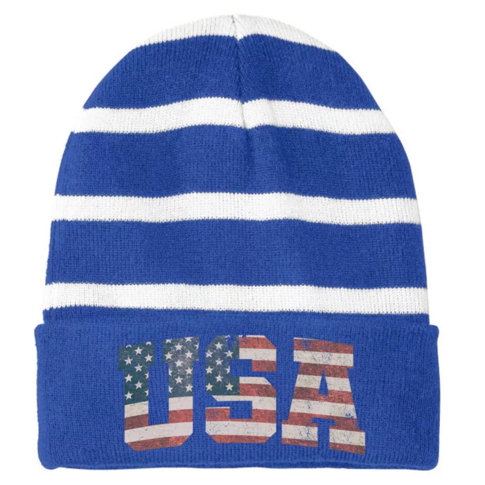 Usa Us Flag Patriotic 4th Of July America Gift Striped Beanie with Solid Band