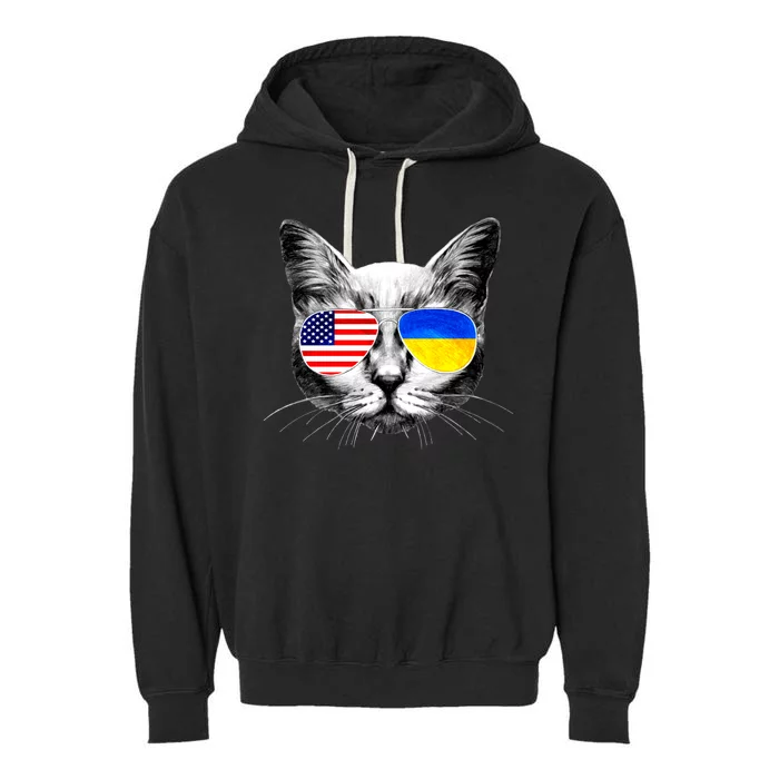 USA Ukraine Flags Sunglasses Cat Garment-Dyed Fleece Hoodie