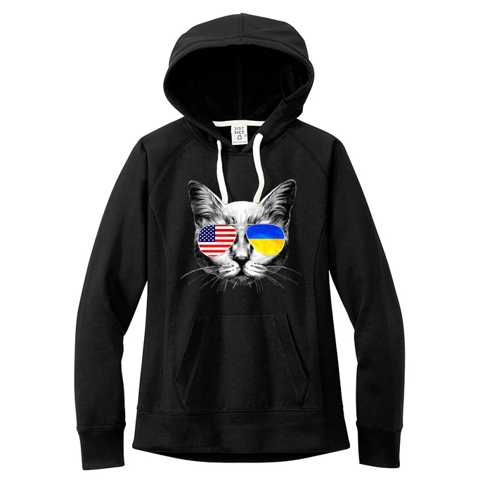 USA Ukraine Flags Sunglasses Cat Women's Fleece Hoodie