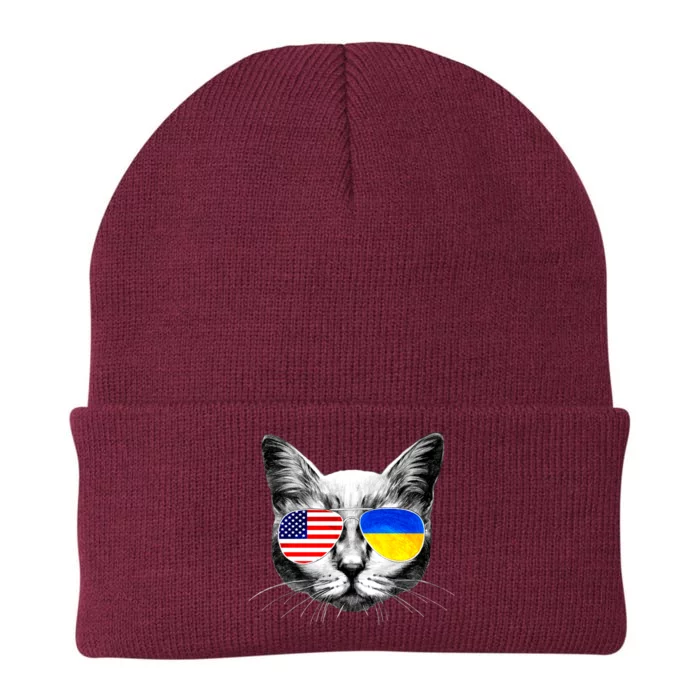 USA Ukraine Flags Sunglasses Cat Knit Cap Winter Beanie