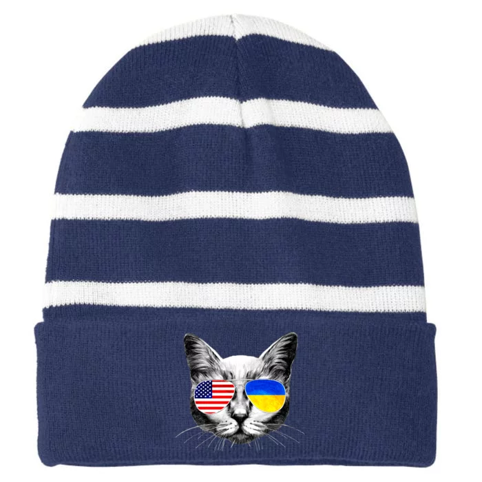 USA Ukraine Flags Sunglasses Cat Striped Beanie with Solid Band