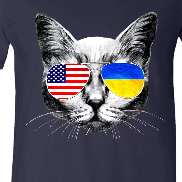 USA Ukraine Flags Sunglasses Cat V-Neck T-Shirt