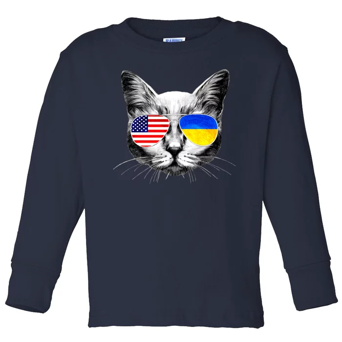 USA Ukraine Flags Sunglasses Cat Toddler Long Sleeve Shirt