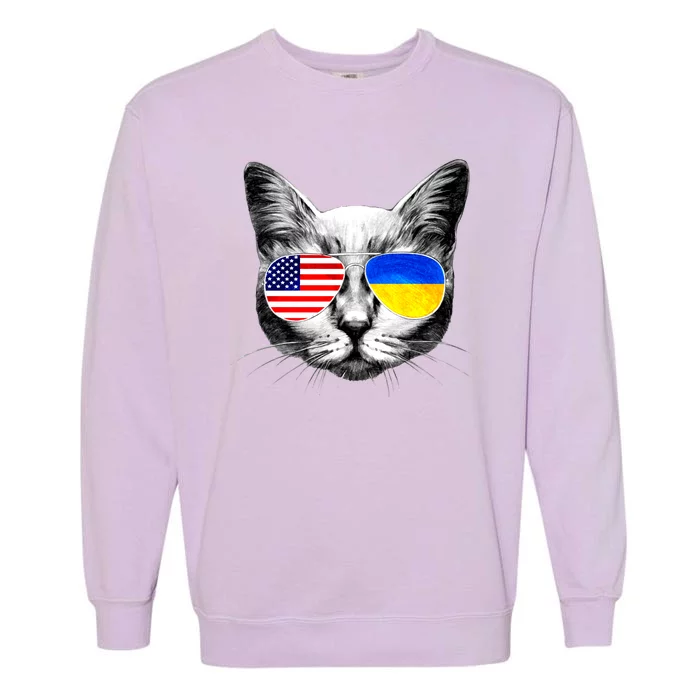 USA Ukraine Flags Sunglasses Cat Garment-Dyed Sweatshirt