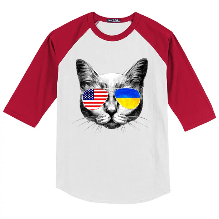 USA Ukraine Flags Sunglasses Cat Kids Colorblock Raglan Jersey