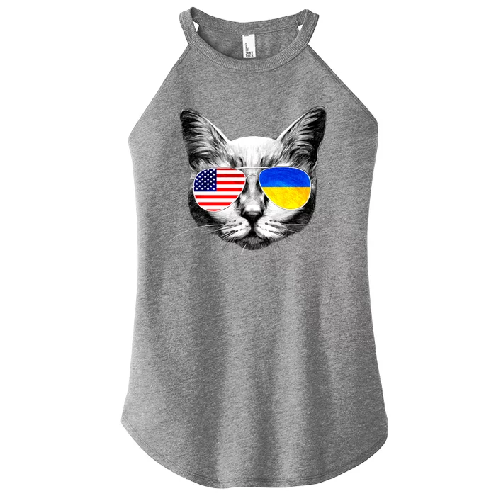 USA Ukraine Flags Sunglasses Cat Women’s Perfect Tri Rocker Tank