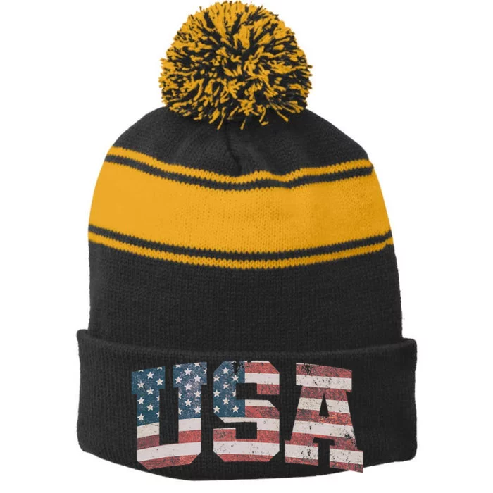 USA US Flag Patriotic 4th Of July America Stripe Pom Pom Beanie