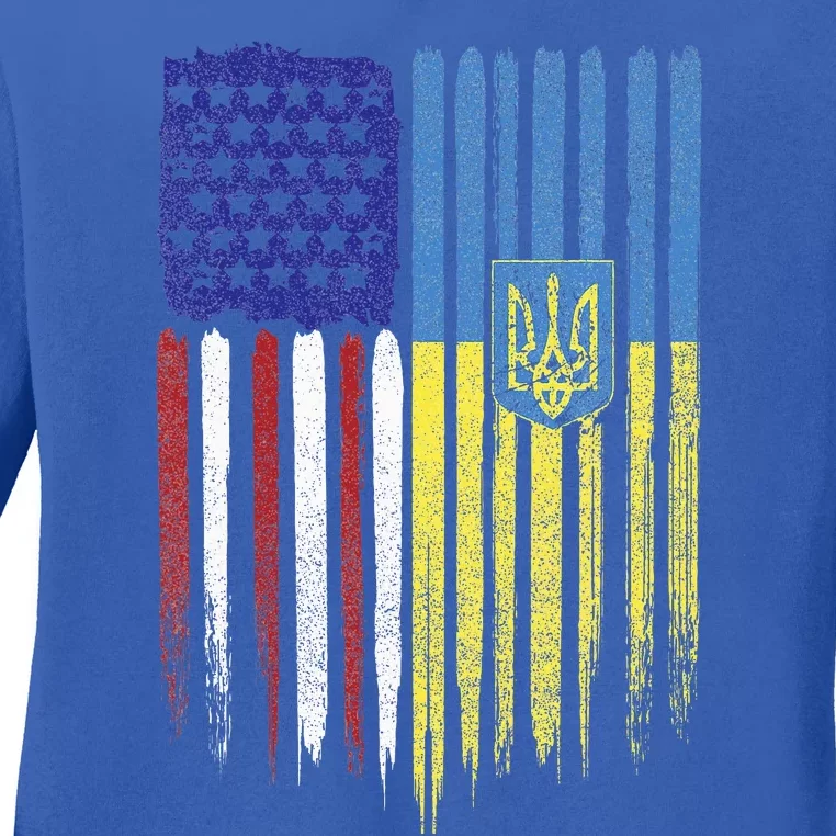 USA Ukraine Ukrainian Flag Trident Roots Retro Ladies Long Sleeve Shirt