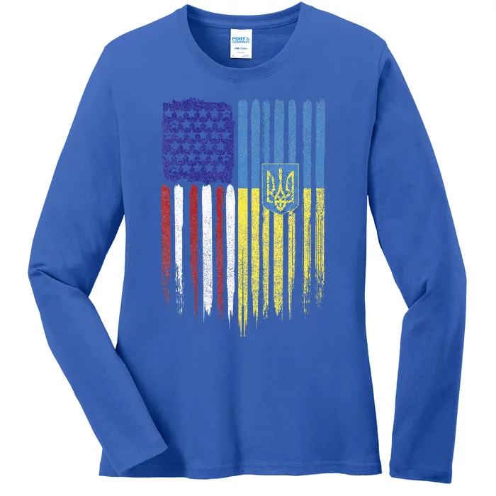 USA Ukraine Ukrainian Flag Trident Roots Retro Ladies Long Sleeve Shirt